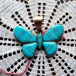BIG Vintage Sterling Silver Turquoise Butterfly Necklace Pendant 925